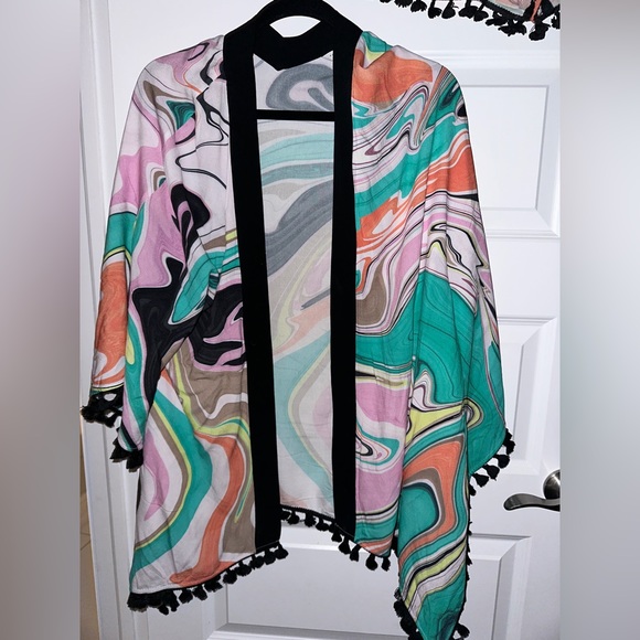 Trina Turk Swimsuit Cover Up Kimono Multi Color Beach Shorts Tassel Pool Vaca Sm - Picture 5 of 7